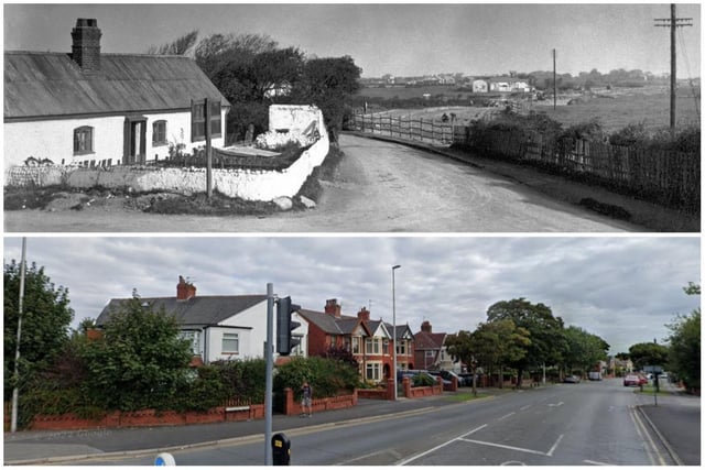 The top picture is Bunnock Hall in 1926, opposite the windmill at Hoo Hill which used to stand at the end of Westcliffe Drive at the junction with Bispham Road and Poulton Road. Wade's Farm can be seen in the distance and the men working in the fields are in fact working on the construction of the new Poulton Road. Of course it's all completely changed now as the recent photo shows