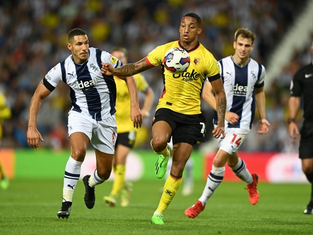 WEST BROMWICH, ENGLAND - AUGUST 08: João Pedro of Watford gets past Jake Livermore of West Brom during the Sky Bet Championship between West Bromwich Albion and Watford at The Hawthorns on August 08, 2022 in West Bromwich, England. (Photo by Gareth Copley/Getty Images)