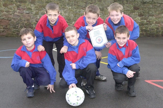 Heysham St Peters six-a-side soccer team who won the Lancashire Schools Trophy. Front (left to right): Connor Mooring, Adam Bell Chris Liley. Back (left to right): Adam Birchall, Ryan Smith, Guy Gibson