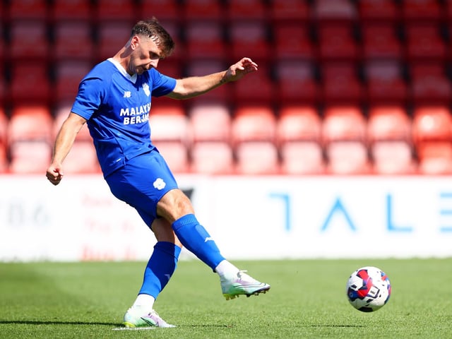 CHELTENHAM, ENGLAND - JULY 16: Mark Harris of Cardiff City scores a goal from the penalty spot during the pre-season friendly match between Cheltenham Town and Cardiff City at the Completely-Suzuki Stadium on July 16, 2022 in Cheltenham, England. (Photo by Dan Istitene/Getty Images)