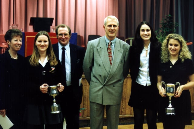 St George's High School Presentation night, 1997. Pictured from left to right are head teacher designate Elizabeth Warner, rotary prize winner Rebecca Gill, chair of governors Michael Carr, Gordon Marsden MP, head prefect Victoria Haughton & Gillian Rowley, winner of the Tony McNamee Award for Performance.