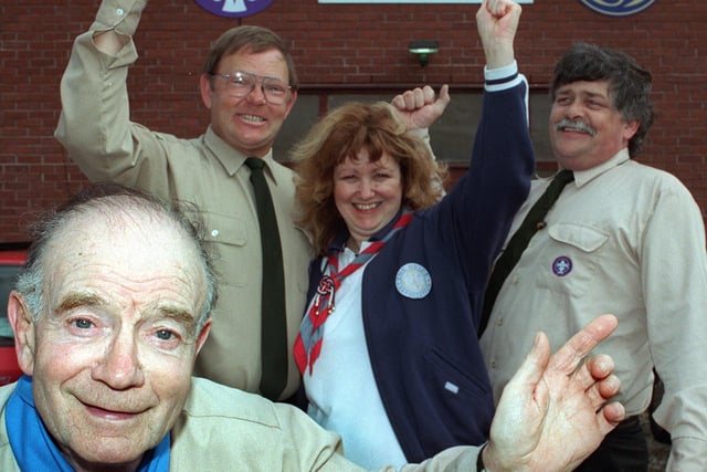 Theopening of the new £100,000 scout hut in Bispham, 1997. Bob Jones, founder member of the group with Glyn Williams scout leader, Gill Howard guide leader and Ian Greenwood scout leader