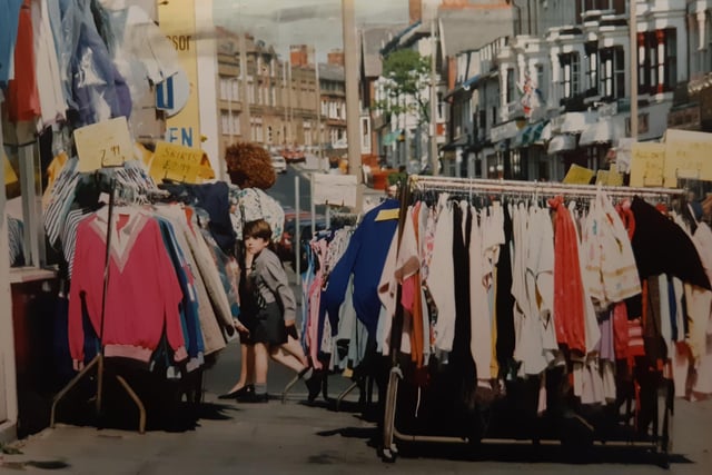 Racks of clothing at the outdoor market in Adelaide Street, 1992