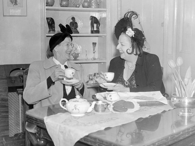Ella Shields (left) and Tessie O'Shea met for a cup of tea in a break from performing in Blackpool's season shows in 1950. Tessie O'Shea was starring at the Opera House alongside Nat Jackley in George and Alfred Black's lavish new musical 'Out of this World' and music hall star Ella Shields was appearing in 'Thanks for the Memory' on Central Pier