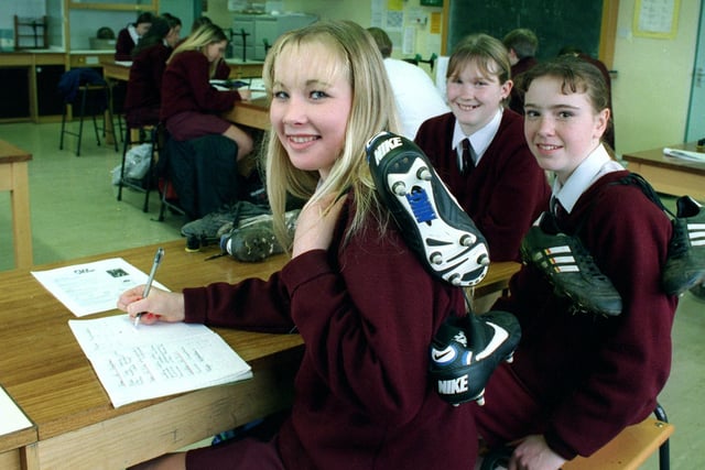 The under 16 girls football team captain Nicola Ormerod , with team mates Rachel Baldwin (right) and Claire Graham (centre), 1997