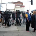 Another filming scene, Johnny Vegas is pictured