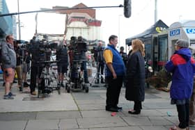 Another filming scene, Johnny Vegas is pictured