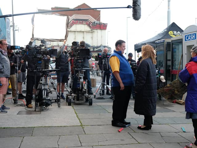 Another filming scene, Johnny Vegas is pictured