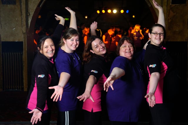 Emma Wilkinson, Ann Lloyd, Carly Townley, Bev Wing and Julie Needham from Mecca Bingo in Blackpool who took part in a danceathon to raise money for Marie Curie Cancer Care in 2011