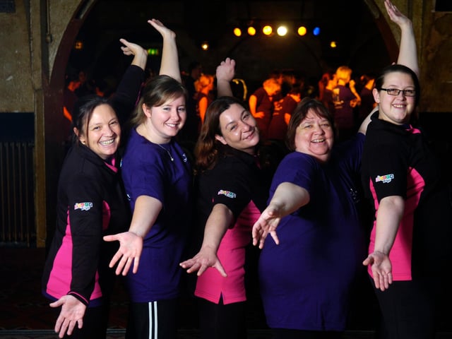 Emma Wilkinson, Ann Lloyd, Carly Townley, Bev Wing and Julie Needham from Mecca Bingo in Blackpool who took part in a danceathon to raise money for Marie Curie Cancer Care in 2011