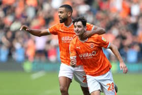 Charlie Patino celebrates after scoring Blackpool's second goal on Saturday