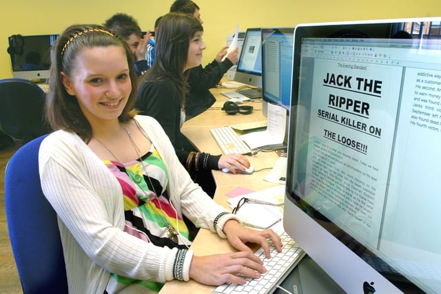 Rebecca Green (15) designs the front page of the newspaper on Jackl the Ripper Day