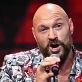 Tyson Fury speaks during a Tyson Fury v Francis Ngannou Press Conference in September. This fight is taking place before the Usyk fight. (Photo by Justin Setterfield/Getty Images)