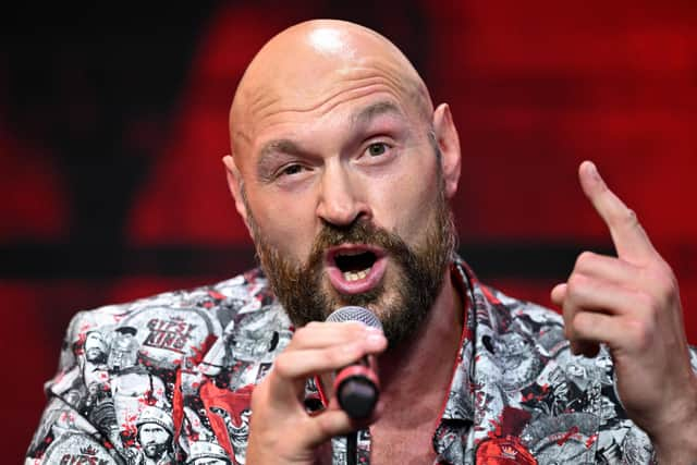 Tyson Fury speaks during a Tyson Fury v Francis Ngannou Press Conference in September. This fight is taking place before the Usyk fight. (Photo by Justin Setterfield/Getty Images)