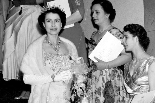 A glamorous Queen Elizabeth shines during her visit to Blackpool in 1955 for the Royal Variety performance at the Opera House