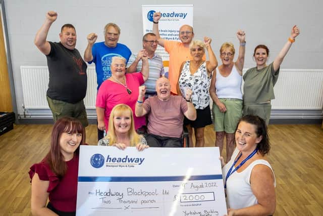 Vincents Solicitors’ Amy Whiteside with Lisa Nickson from the Garstang Agency branch of the Yorkshire Building Society, Headway’s Sam Ashcroft and local Headway members