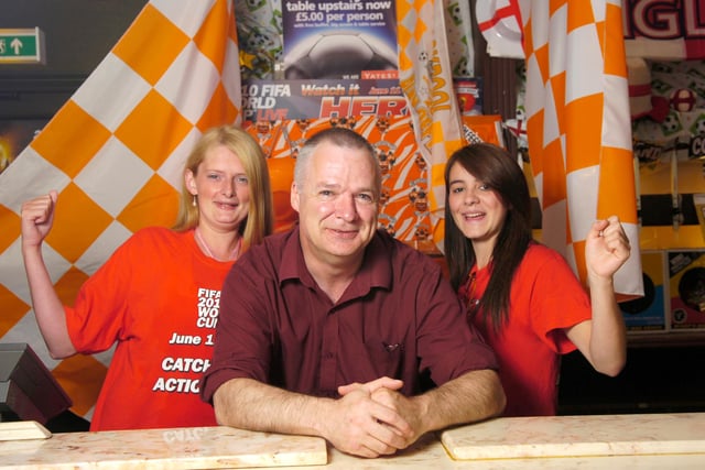 Yate's in South Shore celebrated the announcement of Blackpool FC's fixture list in 2010.  L_R is June Bradley, John Dunlop and Cassie Simmonds.