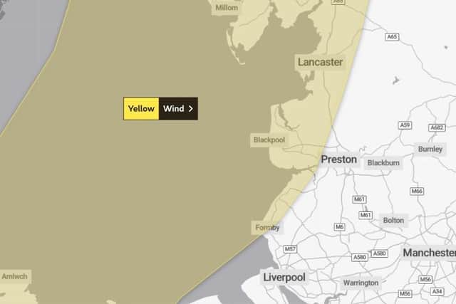 The weather alert for strong winds covers much of the Fylde coast.