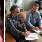Left: Alfie Boe (Image: Kirsty O'Connor-Pool/Getty Images). Right: Signing paperwork with Alistair Norbury from BMG (Image: mralfieboe on Instagram)
