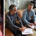 Left: Alfie Boe (Image: Kirsty O'Connor-Pool/Getty Images). Right: Signing paperwork with Alistair Norbury from BMG (Image: mralfieboe on Instagram)