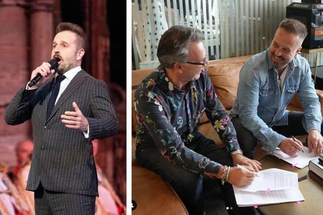 Left: Alfie Boe (Image: Kirsty O'Connor-Pool/Getty Images). Right: Signing paperwork with Alistair Norbury from BMG (Image: mralfieboe on Instagram)