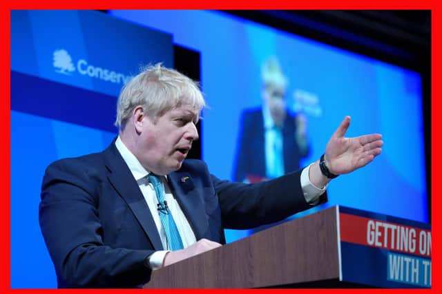 Prime Minister Boris Johnson speaking at the Conservative Party Spring Forum at Winter Gardens, Blackpool