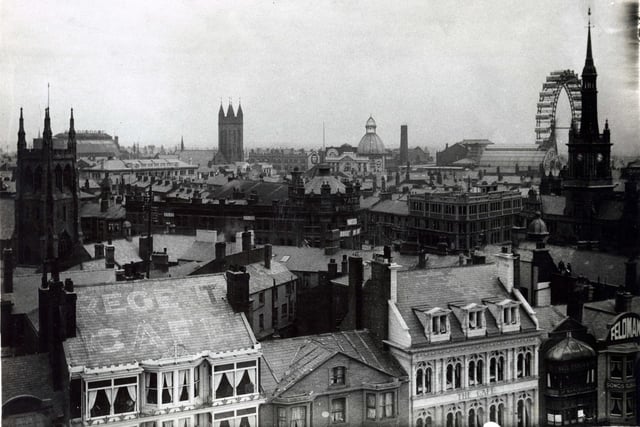 Two features you would not see today are the spire on the Town Hall building and the Giant Wheel.  A good number of these properties have since been demolished and redeveloped in the name of progress including St John's Church and the distrinctive tiled Coronation Street frontage of the Winter Gardens
