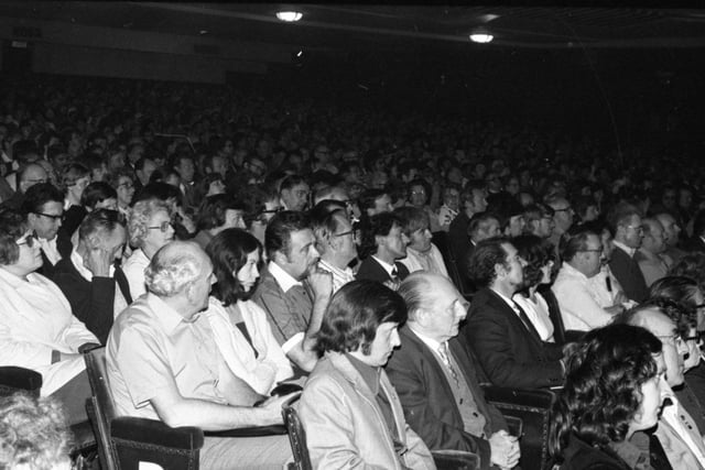 Chancellor Denis Healey fired one of the first broadsides in the coming election campaign when he spoke at a rally of Post Office workers' conference delegates in Blackpool. He said the election would be the most important since the war. Pictured above delegates sit in rapt attention listening to his speech