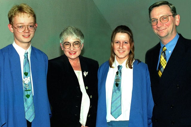Pictured at Collegiate High School Achievement Evening in 1997 are head boy Nathan Weston, Chair of Governors Councillor Sue Wright, head girl Sarah Thornley and Headteacher Keith Clark