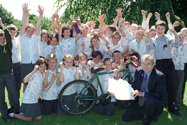 Headteacher Tony Bailey with year six children at Breck Primary School, Poulton le Fylde, who received "Passport to Safer Cycling" certificates