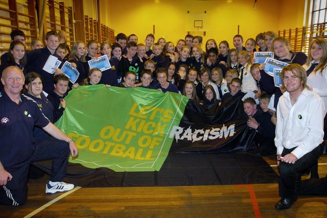 Derek Spence and Kieran Donnelly from Blackpool FC visited Bispham High School as part of the 'Kick Racism out of Football' campaign. Pictured are Derek (left) and Kieran (right) with pupils