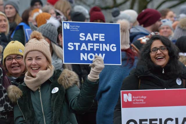 Nurses have voted to strike. Pictured, Nurses from the Royal College of Nursing union strike at Altnagelvin Hospital on Wednesday morning