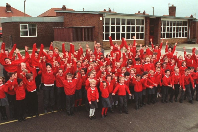 Children at St Edmunds RC Primary School, celebrating their good OFSTED report, 1997