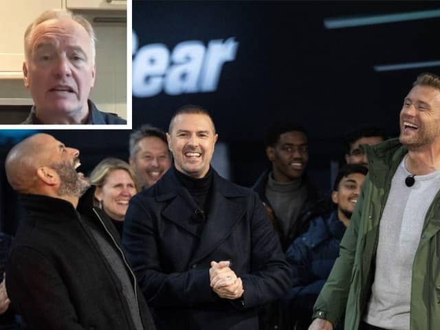 Main image: Chris Harris, Paddy McGuinness, Freddie Flintoff (credit BBC). Inset: Steve Berry (credit Talk TV)