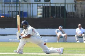Blackpool Cricket Club professional Naushad Shaikh in action against Netherfield