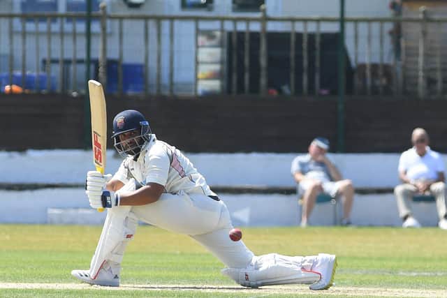 Blackpool Cricket Club professional Naushad Shaikh in action against Netherfield