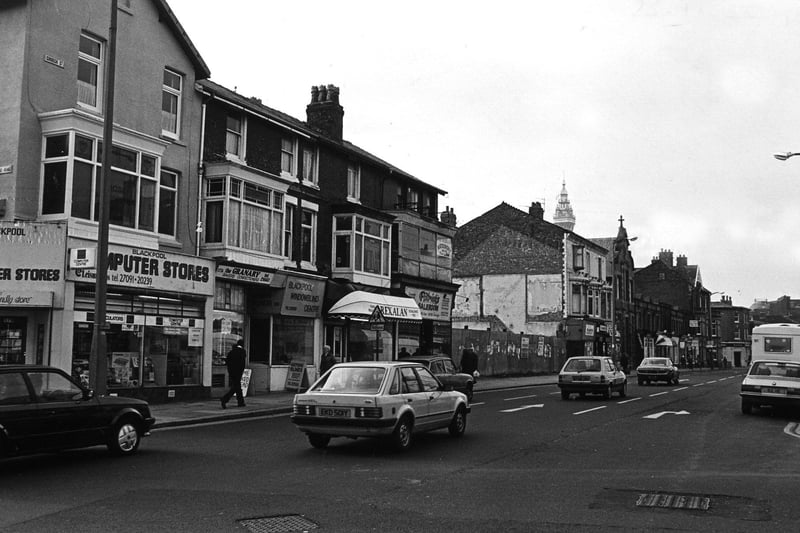Church Street junction with Regent Road in 1985. The vacant lot was once owned by the Blackpool Bill Posting Company and was used for giant billboards which were set back from the pavement and seperated from it by a patch of grass and tiny iron railings. The site and the company's premises next door were sold to Waldron's builers in 1972