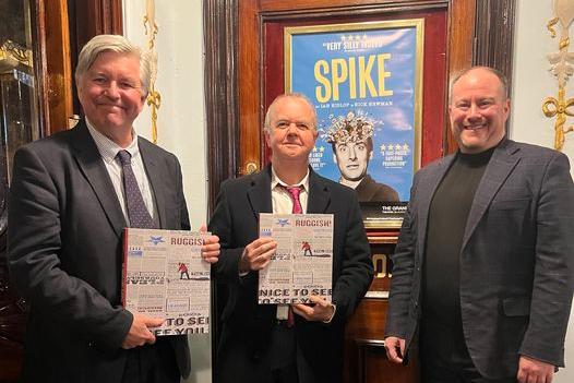 Ian Hislop and Nick Newman with Adam Knight, CEO of Blackpool Grand. Opening night of SPIKE which runs until Saturday Nov 19, 2022.