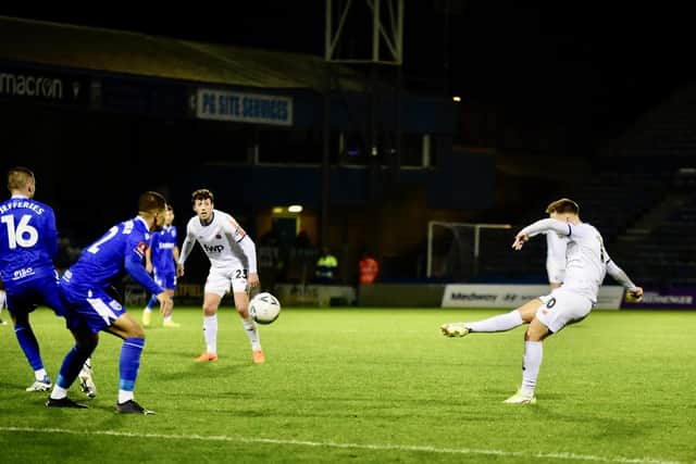 Nick Haughton takes a shot but Fylde couldn't find the net at Gillingham Picture: STEVE MCLELLAN