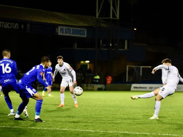 Nick Haughton takes a shot but Fylde couldn't find the net at Gillingham Picture: STEVE MCLELLAN