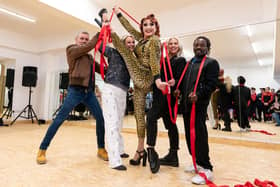 Nicky Figgins with Betty Legs Diamond and teachers at the official of opening of Stage Door Dance Studios in Bispham. Photo: Kelvin Lister-Stuttard