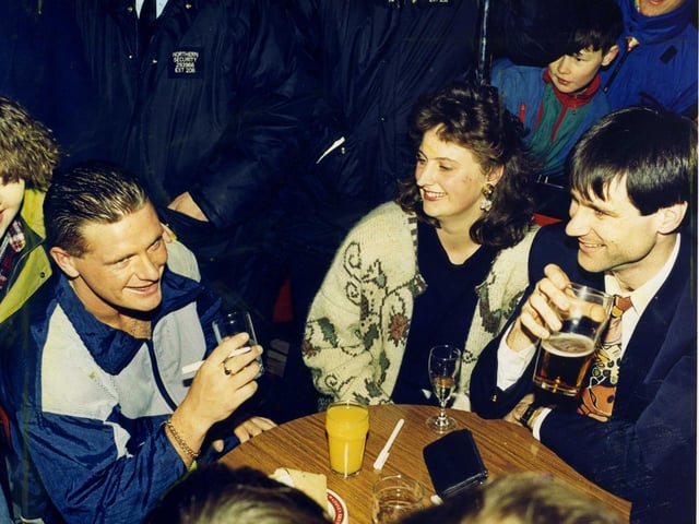 Paul Gascoigne chats to Blackpool FC Player Chris Hedworth a former team-mate at Newcastle, at the Seasiders Club 1991