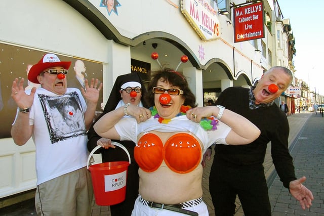 Alice Barry from TV's Shameless in her red bra, raising money for Red Nose day outside Ma Kelly's, Dickson Rd., Blackpool. With her are, from left, her partner Jeff Hewitt, Carol Kaye and Ma Kelly's general manager Mick Sugden