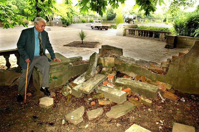 Bob Wills who was Chairman, Friends of Stanley Park by the vandalised wall at the entrance to the Italian Gardens back in 2003