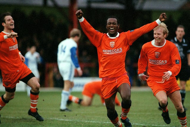 Joy for Marvin Bryan as he scores his first goal for Blackpool in a match against Peterborough in 1997. The defender continued with Blackpool until 2000 making 184 appearances