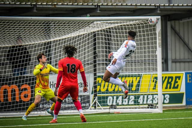 Siya Ligendza goes close for AFC Fylde at Gloucester City Picture: STEVE MCLELLAN