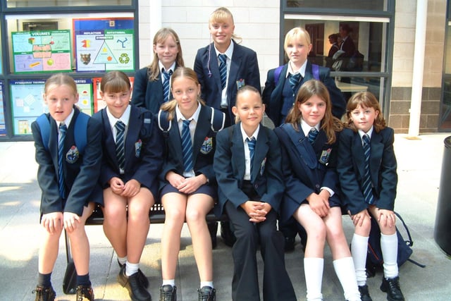 Pictured back row from left: Caroline Bailey, Rachel Swales and Sarah Biggs. Front from left: Stacey Kilburn, Anna Widdup, Lauren Booth, Jemma Hall, Leanne Wilson and Amy Pritchard. The girls are pictured inside the school's trendy courtyard at Fleetwood High School