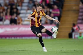 BRADFORD, ENGLAND - AUGUST 09: Scott Banks of Bradford City controls the ball during the Carabao Cup First Round match between Bradford City and Hull City at University of Bradford Stadium on August 09, 2022 in Bradford, England. (Photo by George Wood/Getty Images)