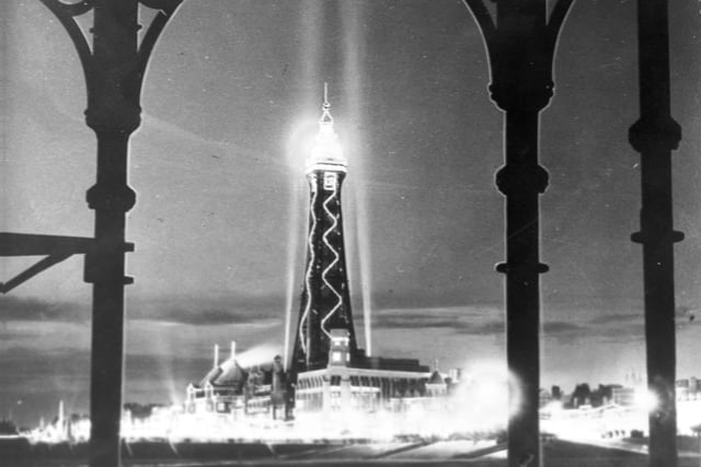 Blackpool Tower and Illuminations viewed from Central Pier in 1938