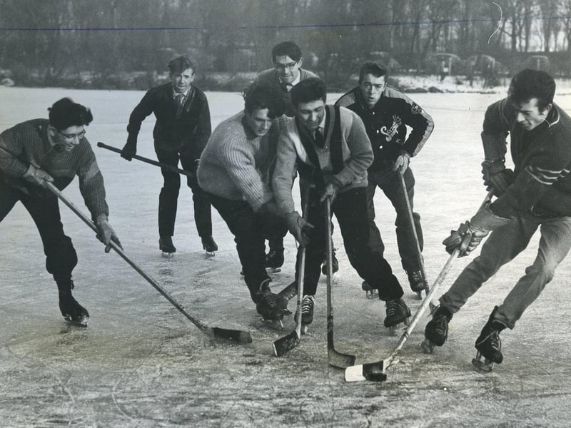 Practising on the frozen Stanley Park lake are members of the Seagulls Ice Hockey Club junior section